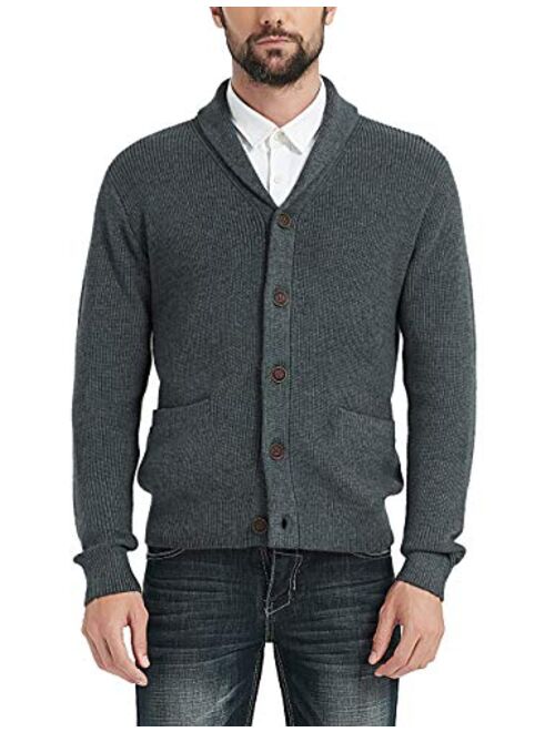 Kallspin Men's Merino Wool Blended Shawl Collar Cardigan Sweater Button Down Knitwear with Pockets