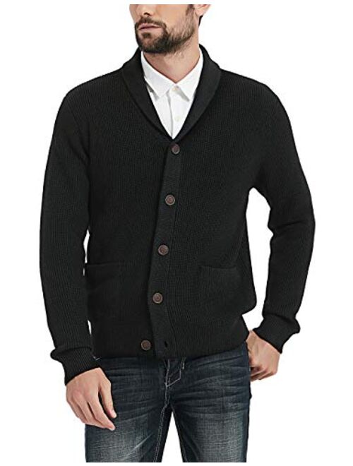 Kallspin Men's Merino Wool Blended Shawl Collar Cardigan Sweater Button Down Knitwear with Pockets