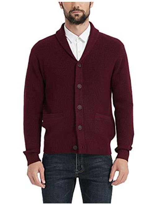 Kallspin Men's Merino Wool Blended Shawl Collar Cardigan Sweater Button Down Knitwear with Pockets