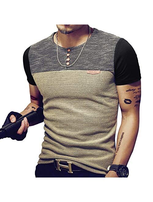 LOGEEYAR Mens Slim Fitted Casual Short/Long-Sleeve Button T-Shirts Contrast Color Stitching Tee