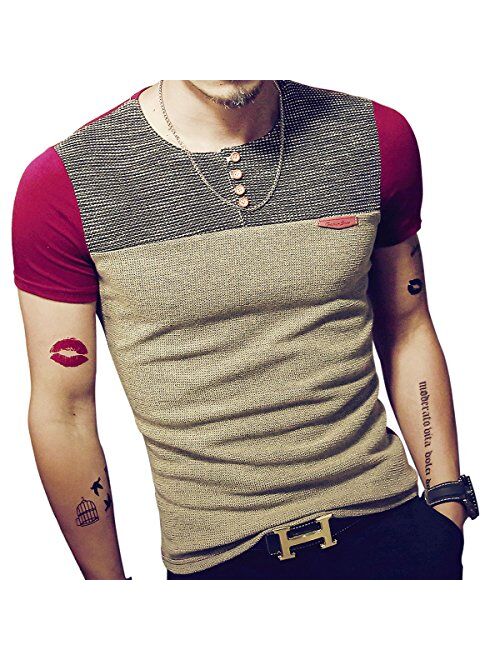 LOGEEYAR Mens Slim Fitted Casual Short/Long-Sleeve Button T-Shirts Contrast Color Stitching Tee