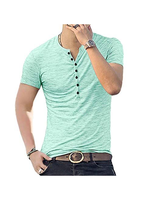 WULFUL Men's Casual Slim Fit Henley Short Sleeve Shirt Lightweight Basic Summer T-Shirt