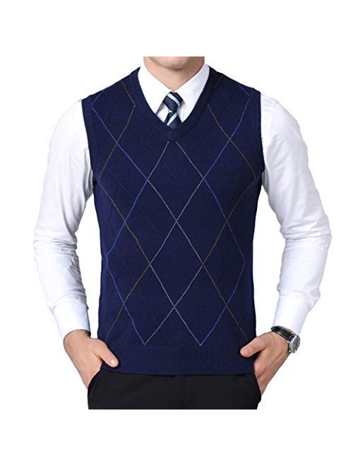 Homovater Mens Casual V-Neck Knitted Vest Sleeveless Sweaters Cardigan Button Down Knitwear Tank Top with Ribbing Edge Argyle