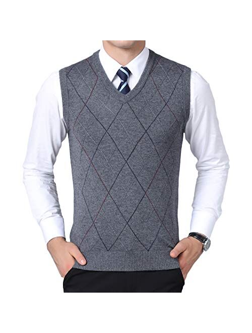 Homovater Mens Casual V-Neck Knitted Vest Sleeveless Sweaters Cardigan Button Down Knitwear Tank Top with Ribbing Edge Argyle