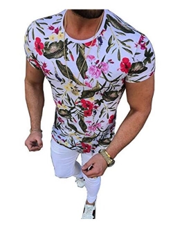 Pukemark Men's Summer Casual Slim Fit Short Sleeve Floral Graphic Hawaiian T-Shirts Tops