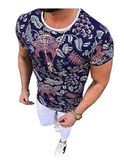 Pukemark Men's Summer Casual Slim Fit Short Sleeve Floral Graphic Hawaiian T-Shirts Tops