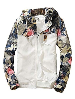 Rexcyril Men's Windbreaker Jacket, Floral Bomber Jacket Hooded Lightweight Zip-up Drawstring Flower Coat