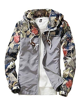 Rexcyril Men's Windbreaker Jacket, Floral Bomber Jacket Hooded Lightweight Zip-up Drawstring Flower Coat