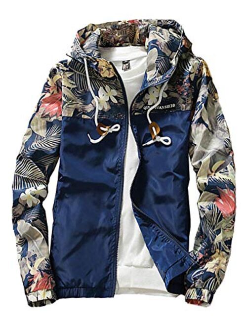 Rexcyril Men's Windbreaker Jacket, Floral Bomber Jacket Hooded Lightweight Zip-up Drawstring Flower Coat