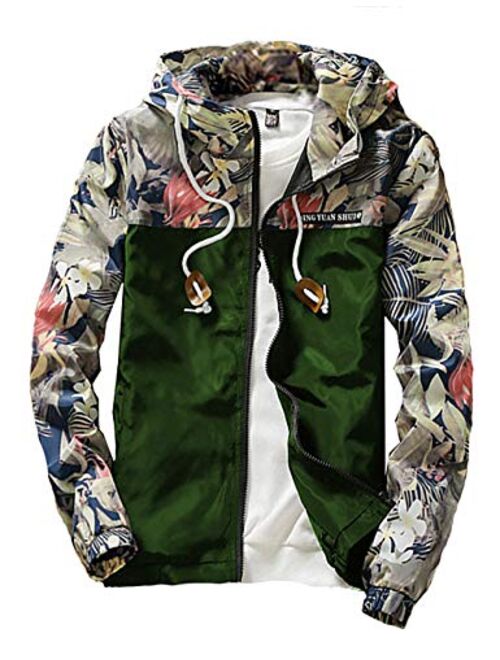 Rexcyril Men's Windbreaker Jacket, Floral Bomber Jacket Hooded Lightweight Zip-up Drawstring Flower Coat