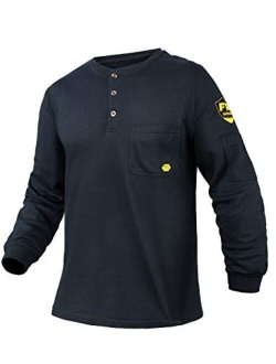 Ptahdus Mens Flame Resistant Long Sleeve Henley Shirt, 7.1 Ounce 100% Cotton FR Workwear Clothing for Men