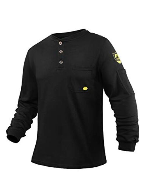 Ptahdus Mens Flame Resistant Long Sleeve Henley Shirt, 7.1 Ounce 100% Cotton FR Workwear Clothing for Men