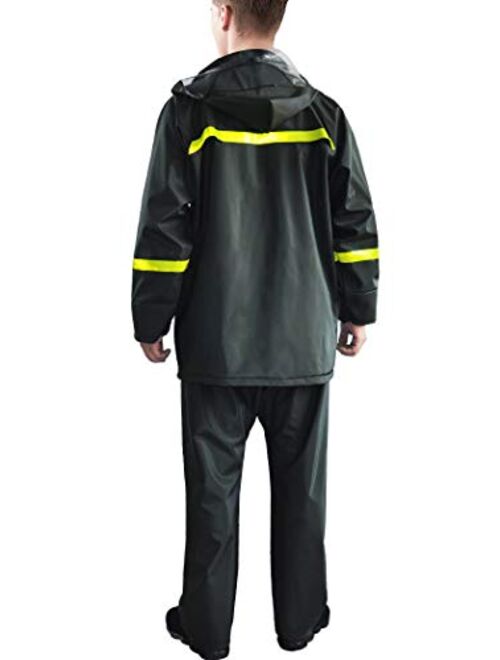 Rain Suit-Waterproof Jacket and Pants Durable Rain Gear for Men Hooded Fishing Work Wear PVC 2-Layer