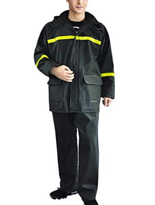 Rain Suit-Waterproof Jacket and Pants Durable Rain Gear for Men Hooded Fishing Work Wear PVC 2-Layer