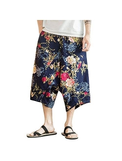 GLVSZ Mens Casual Elastic Waist Linen Capri Wide Leg Baggy Harem Pants Trousers