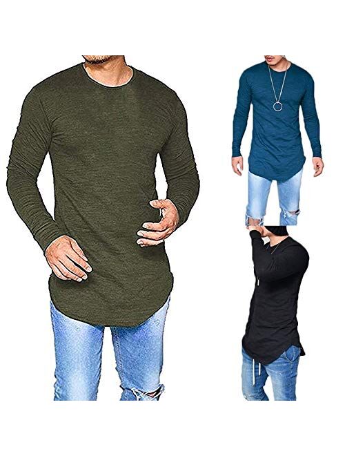 LIWEIKE Mens Solid Extended Hipster Hip Hop Swag Curve Hem Long Sleeve T Shirt