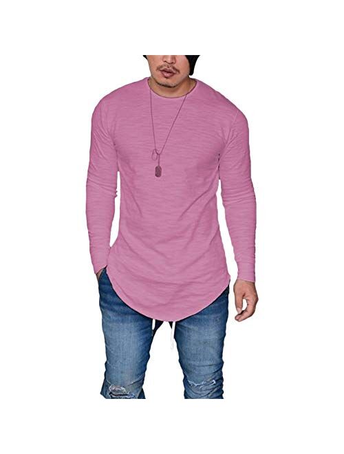 LIWEIKE Mens Solid Extended Hipster Hip Hop Swag Curve Hem Long Sleeve T Shirt