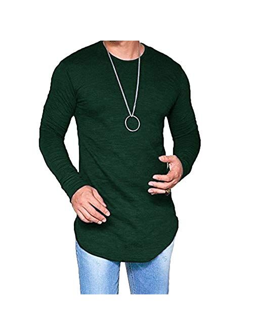 LIWEIKE Mens Solid Extended Hipster Hip Hop Swag Curve Hem Long Sleeve T Shirt