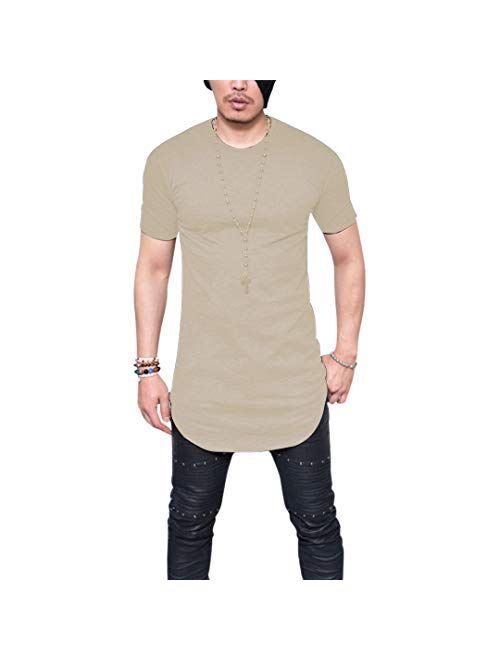 LIWEIKE Mens Solid Extended Hipster Hip Hop Swag Curve Hem Long Sleeve T Shirt