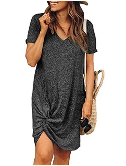 Locryz Women's Summer Twist Knot Tshirt Dresses Casual V Neck Short Sleeve Knot Dress