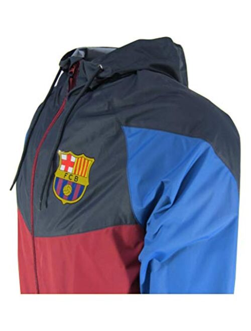 Official FC Barcelona Mens Light Weight Full Zip Hooded Wind Breaker Jacket