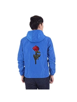 iYYVV Mens Thin Embroidery Rose Casual Sports Zipper Solid Color Coat Hoodie Jacket