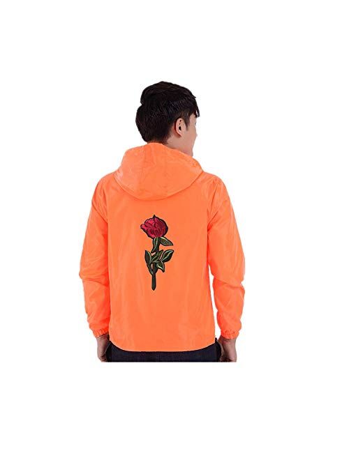 iYYVV Mens Thin Embroidery Rose Casual Sports Zipper Solid Color Coat Hoodie Jacket