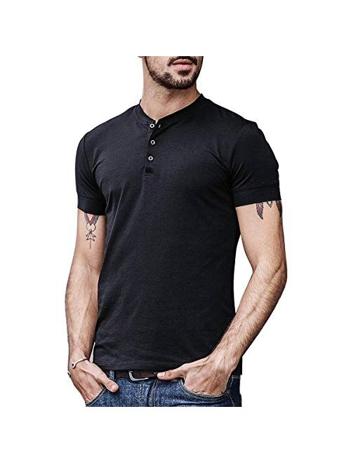 Lotmat Henley Shirts for Men V Neck 3 Buttons Slim Fit Sexy Short Sleeve Summer Casual Open T-Shirt Big and Tall T Shirts