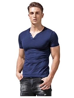 XSHANG Mens Short Sleeve V Neck Henley Shirts Slim Fit Casual Tee