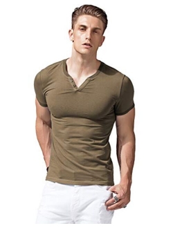 XSHANG Mens Short Sleeve V Neck Henley Shirts Slim Fit Casual Tee