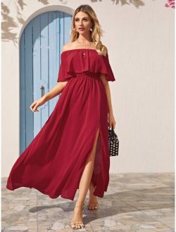 Solid Foldover Split Thigh Bardot Dress