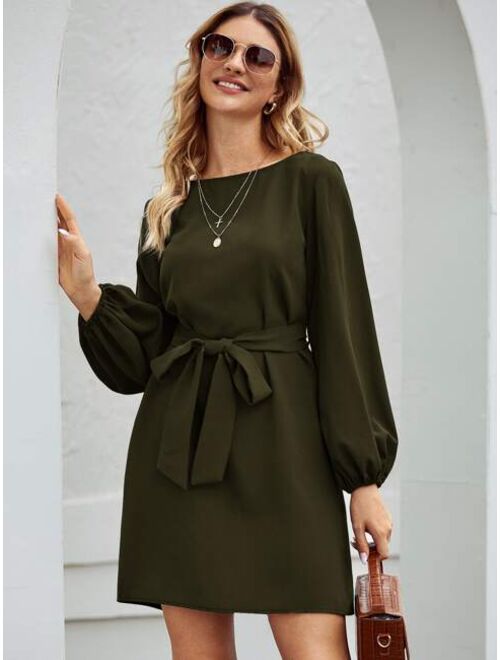 Shein Boat Neck Bishop Sleeve Belted Dress