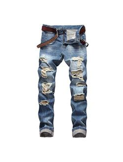 DANT BULUN Men's Ripped Distressed Destroyed Slim Fit Straight Leg Denim Jeans