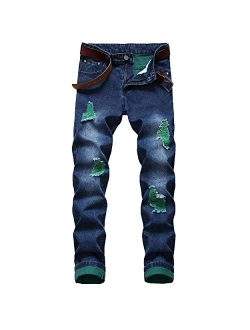 DANT BULUN Men's Ripped Distressed Destroyed Slim Fit Straight Leg Denim Jeans