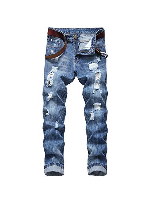 DANT BULUN Men's Ripped Distressed Destroyed Slim Fit Straight Leg Denim Jeans