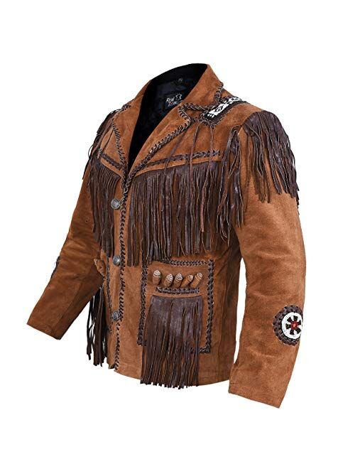 Mens Cowboy Western Suede Leather Jacket with Bones Beads Fringes- Bikers Style Mens Classic Fashion.