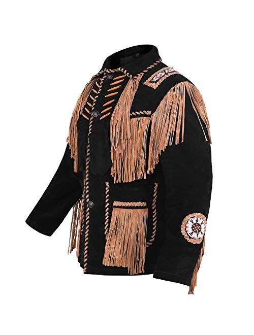 Mens Cowboy Western Suede Leather Jacket with Bones Beads Fringes- Bikers Style Mens Classic Fashion.