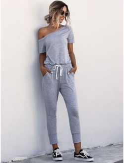 Asymmetrical Neck Drawstring Waist Jumpsuit