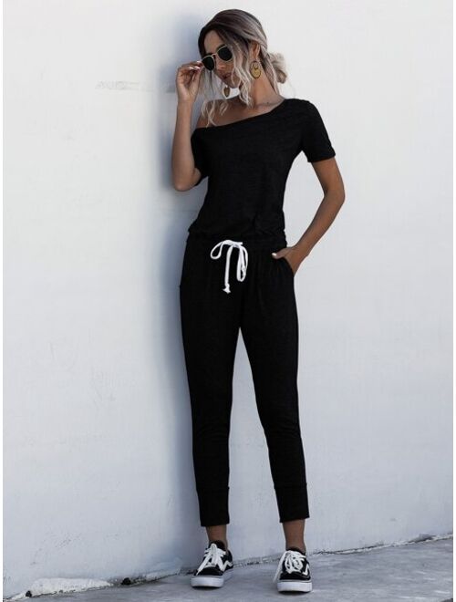 Shein Asymmetrical Neck Drawstring Waist Jumpsuit