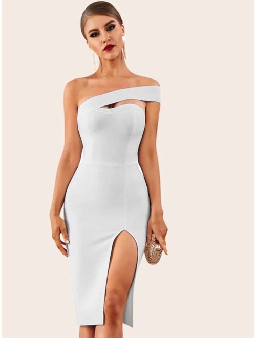 Shein Adyce Solid One Shoulder Split Thigh Pencil Dress