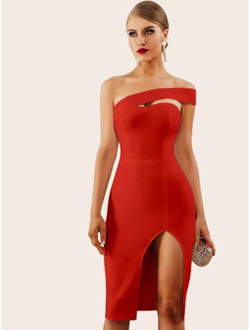 Shein Adyce Solid One Shoulder Split Thigh Pencil Dress