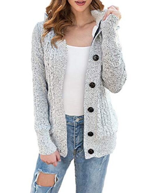 LIENRIDY Women's Sweater Cardigans Hooded Button Cable Thick Sweaters Coats with Pockets White with Grey M