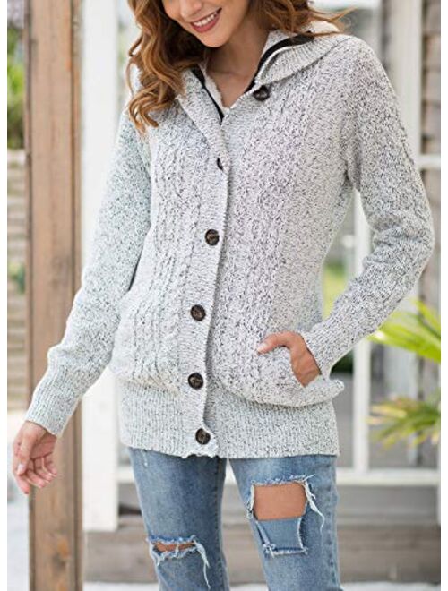 LIENRIDY Women's Sweater Cardigans Hooded Button Cable Thick Sweaters Coats with Pockets White with Grey M