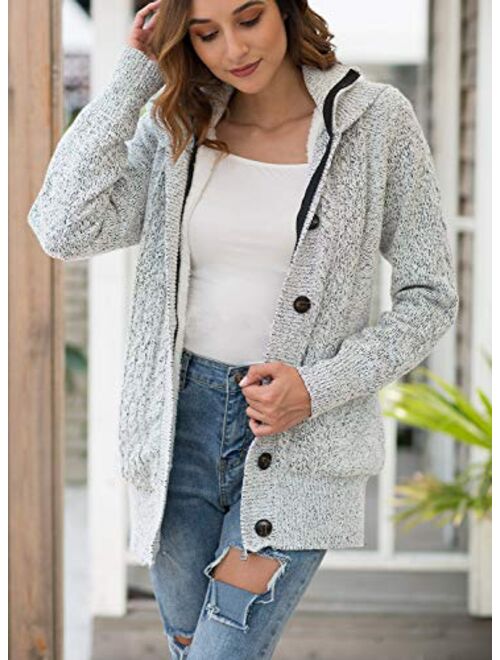 LIENRIDY Women's Sweater Cardigans Hooded Button Cable Thick Sweaters Coats with Pockets White with Grey M