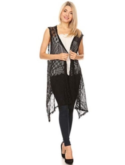 Anna-Kaci Womens Sleeveless Open Front Crochet Shawl Cardigan Bikini Cover Up