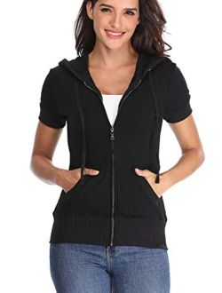 MISS MOLY Women's Short Sleeve Hoodie Full Zip Up Cotton Slim Fit Sweatshirt Kanga Pocket