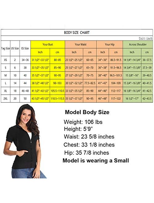 MISS MOLY Women's Short Sleeve Hoodie Full Zip Up Cotton Slim Fit Sweatshirt Kanga Pocket