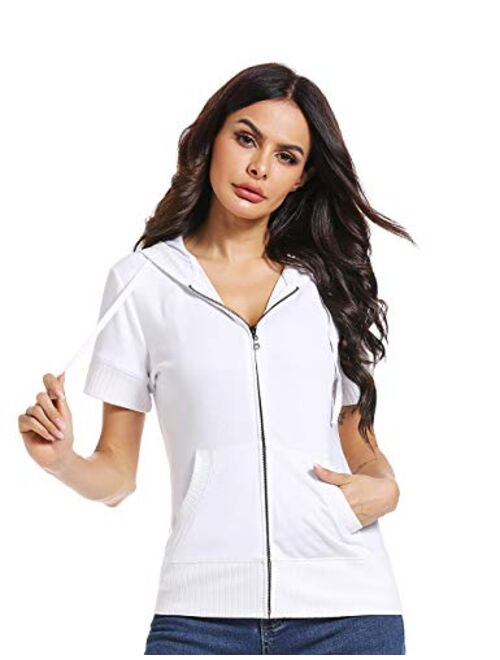 MISS MOLY Women's Short Sleeve Hoodie Full Zip Up Cotton Slim Fit Sweatshirt Kanga Pocket