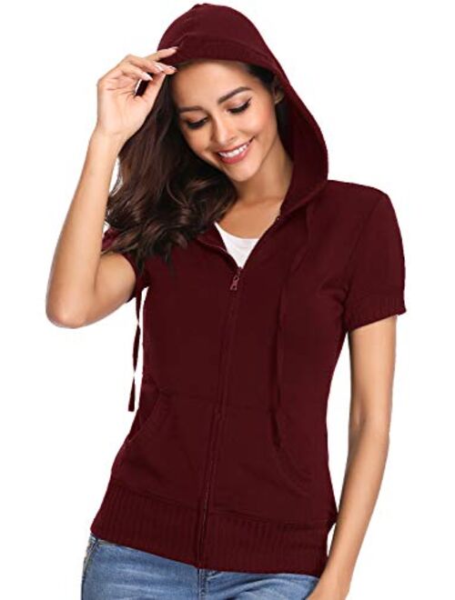 MISS MOLY Women's Short Sleeve Hoodie Full Zip Up Cotton Slim Fit Sweatshirt Kanga Pocket