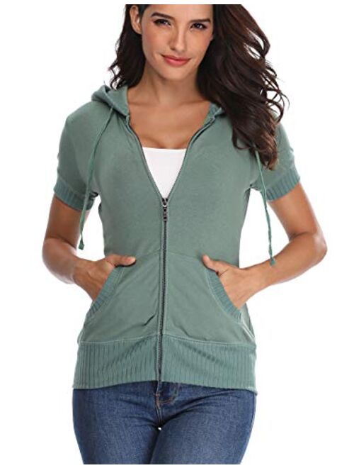 MISS MOLY Women's Short Sleeve Hoodie Full Zip Up Cotton Slim Fit Sweatshirt Kanga Pocket